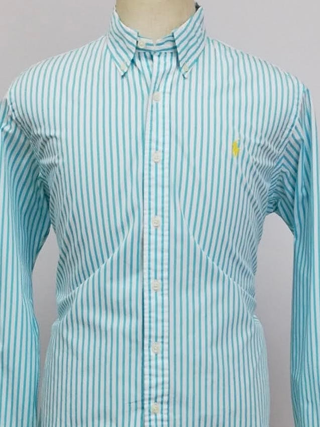 Camisa Polo Ralph Lauren 🏇🏼 Color blanco con patron de rayas en color turquesa Talla L Entalle Regular