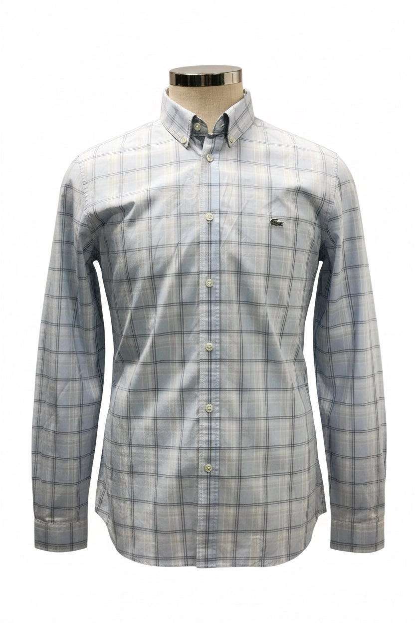 Camisa de botones Lacoste 🐊 de cuadros en celeste, gris y blanco Talla M Entalle Slim Fit (ver descripción)