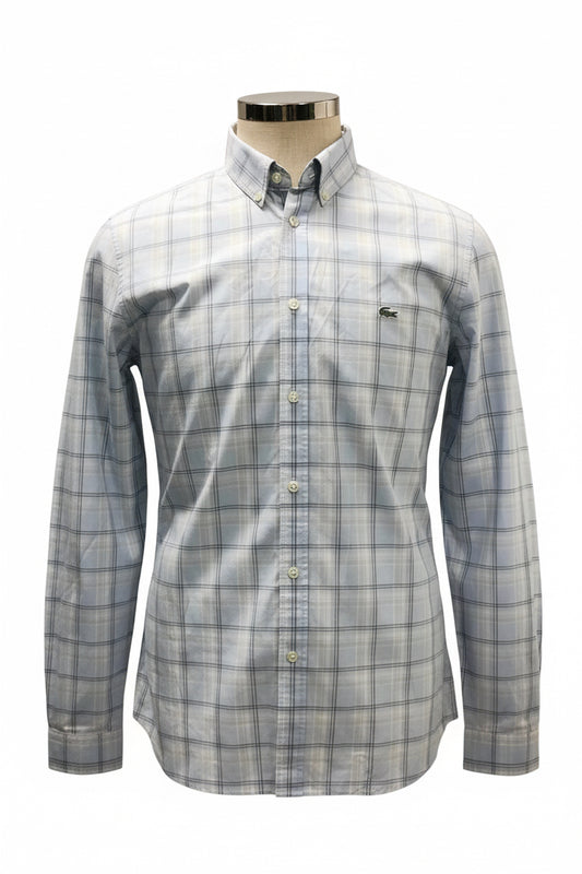 Camisa de botones Lacoste 🐊 de cuadros en celeste, gris y blanco Talla M Entalle Slim Fit (ver descripción)