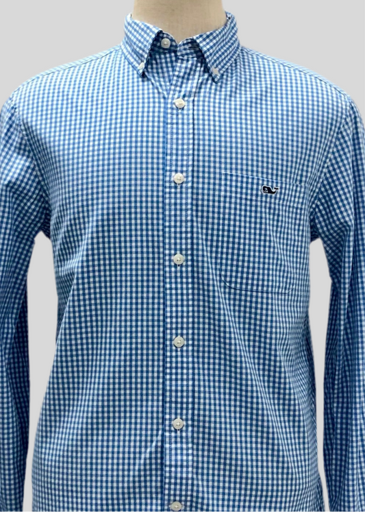 Camisa de borones Vineyard Vines 🐳 de cuadros gingham en color celeste y blanco Talla M Entalle Regular