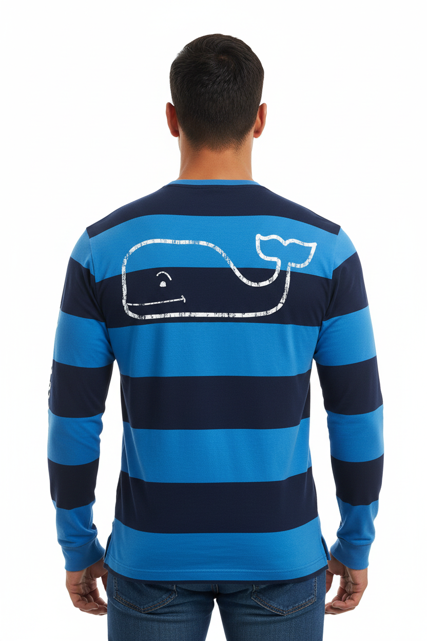 Camiseta de bolsillo Vineyard Vines 🐳 con  franjas en celeste y azul nav con Diseño de ballena en blanco Talla S
