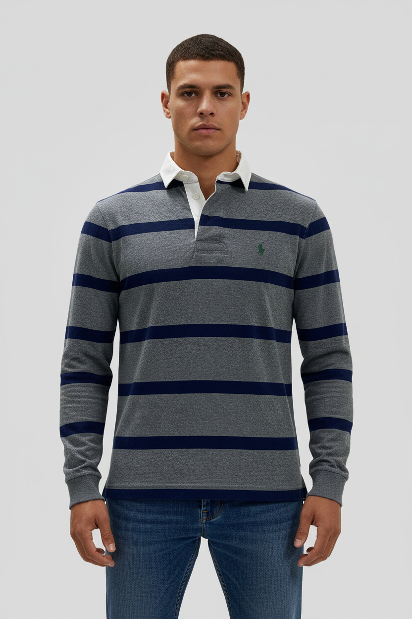 Camiseta Polo Ralph Lauren 🏇🏼color gris oscuro y rayas en azul navy Talla S Entalle Clásico