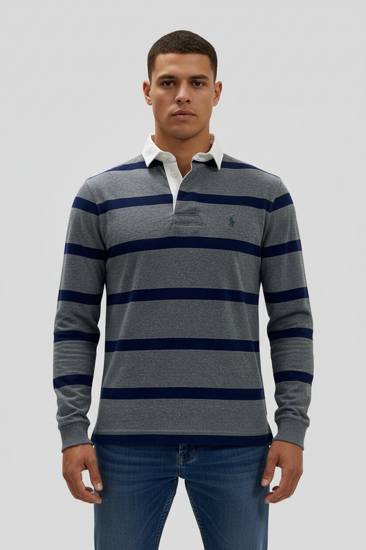 Camiseta Polo Ralph Lauren 🏇🏼color gris oscuro y rayas en azul navy Talla S Entalle Clásico