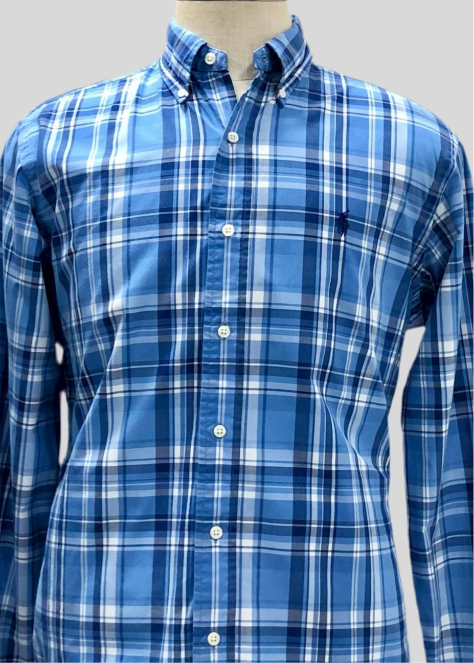 Camisa Polo Ralph Lauren 🏇🏼 con patron de cuadros celeste, azul y blanco Talla M Entalle Clásico