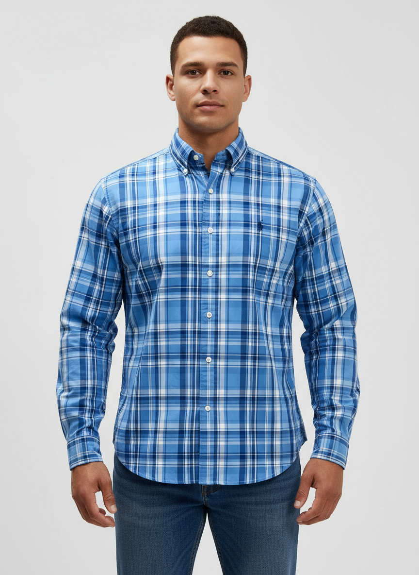 Camisa Polo Ralph Lauren 🏇🏼 con patron de cuadros celeste, azul y blanco Talla M Entalle Clásico