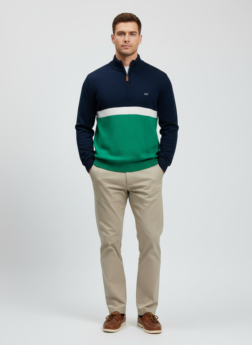 Sueter Jersey Vineyard Vines 🐳 de franjas en color azul oscuro, blanco y verde con logo tradicional Tela algodón Pima Talla M