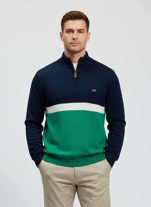 Sueter Jersey Vineyard Vines 🐳 de franjas en color azul oscuro, blanco y verde con logo tradicional Tela algodón Pima Talla M