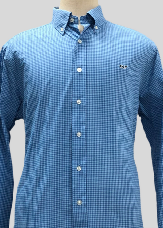 Camisa de botones Vineyard Vines 🐳 Performance de cuadros gingham en color azul y celeste Talla L Entalle Slim Fit
