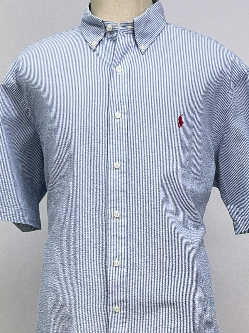 Camisa Polo Ralph Lauren 🏇🏼 Seersucker Color blanco con rayas en celeste Talla XXL Entalle Clásico