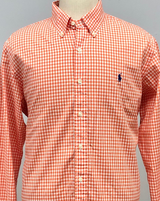 Camisa Polo Ralph Lauren 🏇🏼 con patron de cuadros gingham naranja y blanco Talla L Entalle Regular