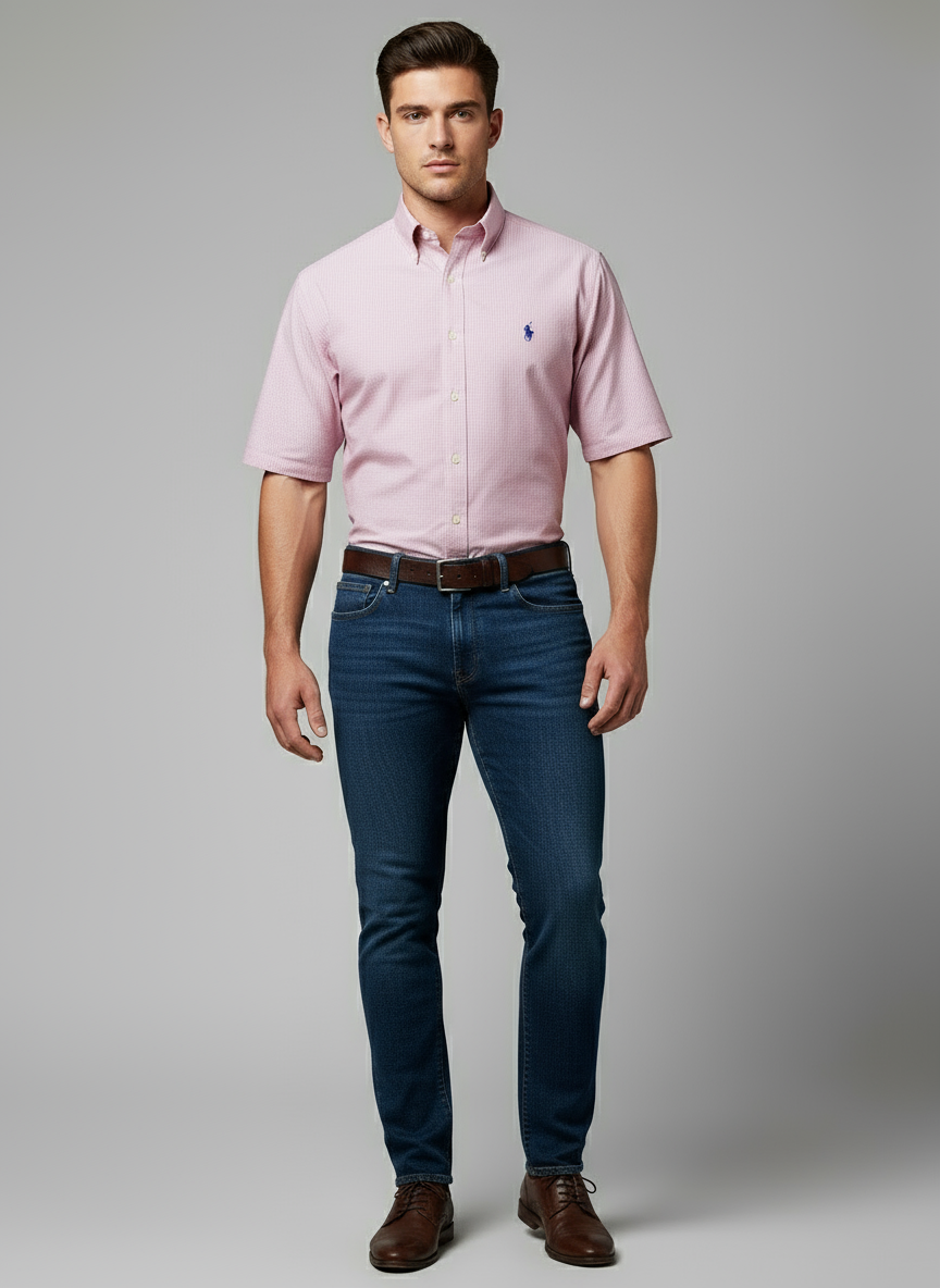 Camisa de botones Polo Ralph Lauren 🏇🏼 color blanco con patron de rayas finas en color rosado Talla L Entalle Clasico