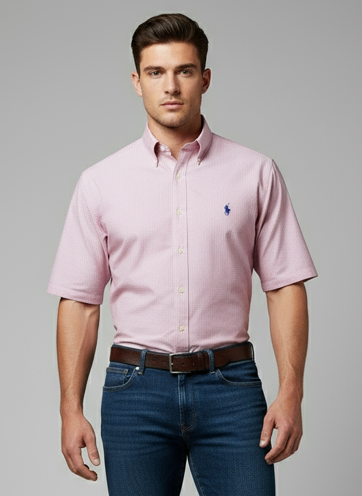 Camisa de botones Polo Ralph Lauren 🏇🏼 color blanco con patron de rayas finas en color rosado Talla L Entalle Clasico