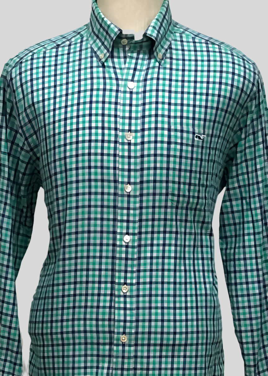 Camisa de botones Vineyard Vines 🐳 con patrón de cuadros en color verde azul navy y gris Talla L Entalle Slim Fit