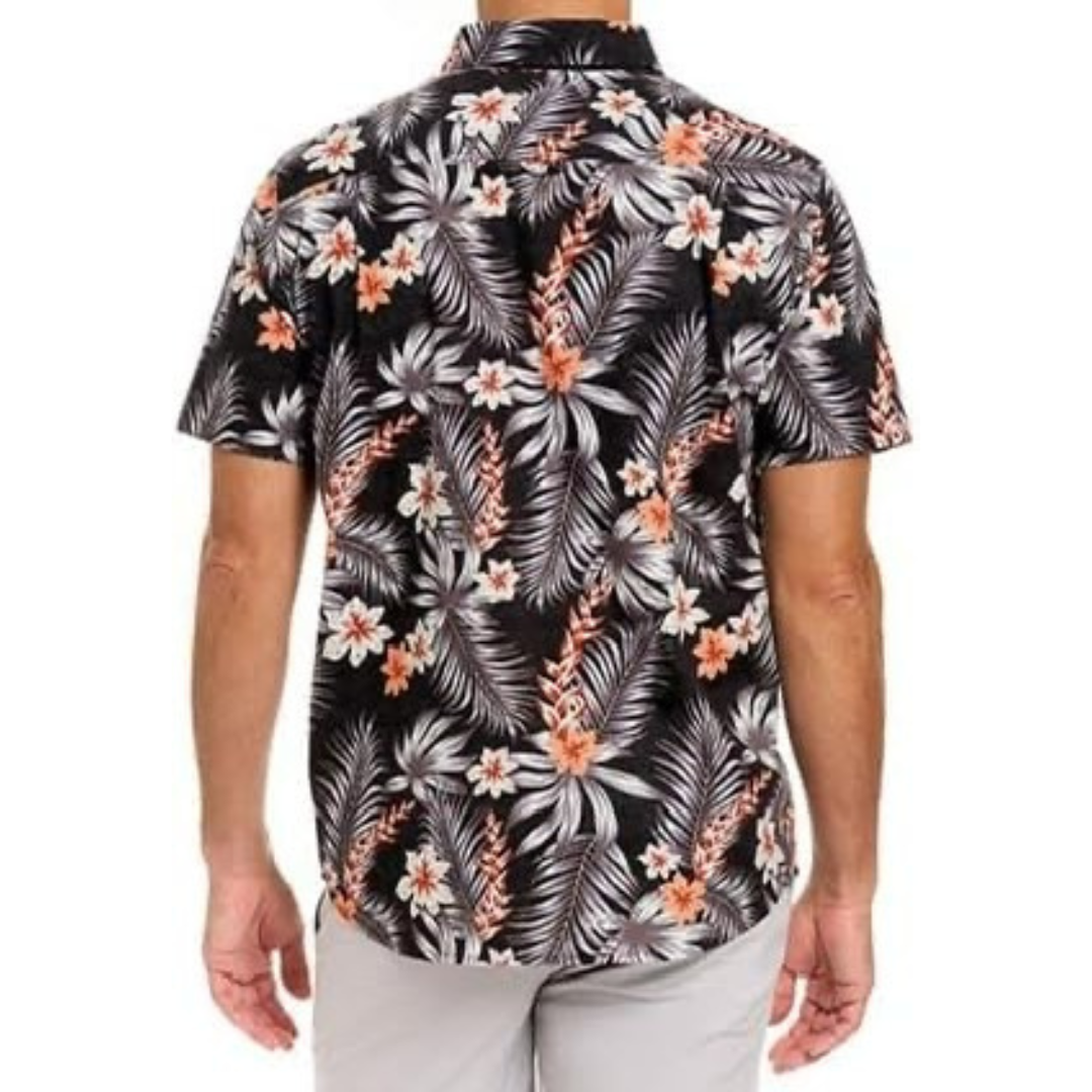Camisa de botones Hurley 🏄🏽‍♂️ color negro con diseño de flores Talla L Entalle Regular