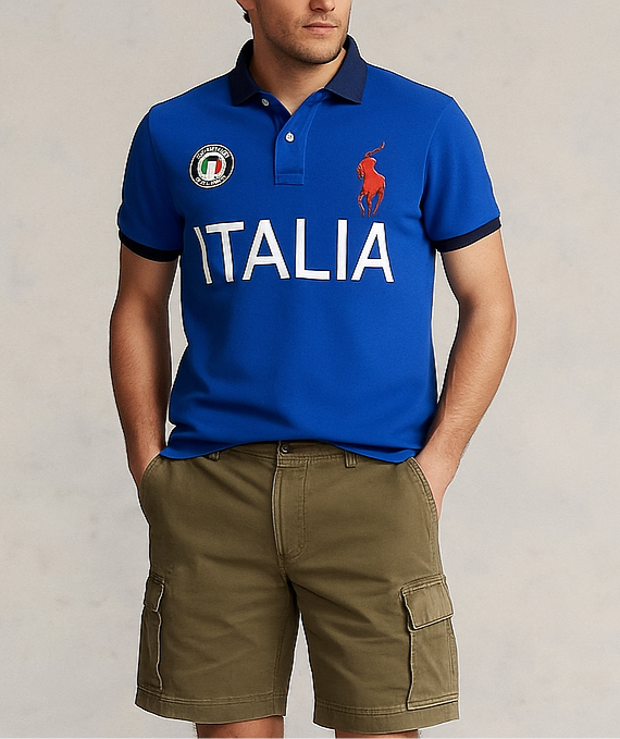 Camiseta Polo Ralph Lauren 🏇🏼 color azul con diseño de Italia y con logo en rojo Talla S Custom Fit