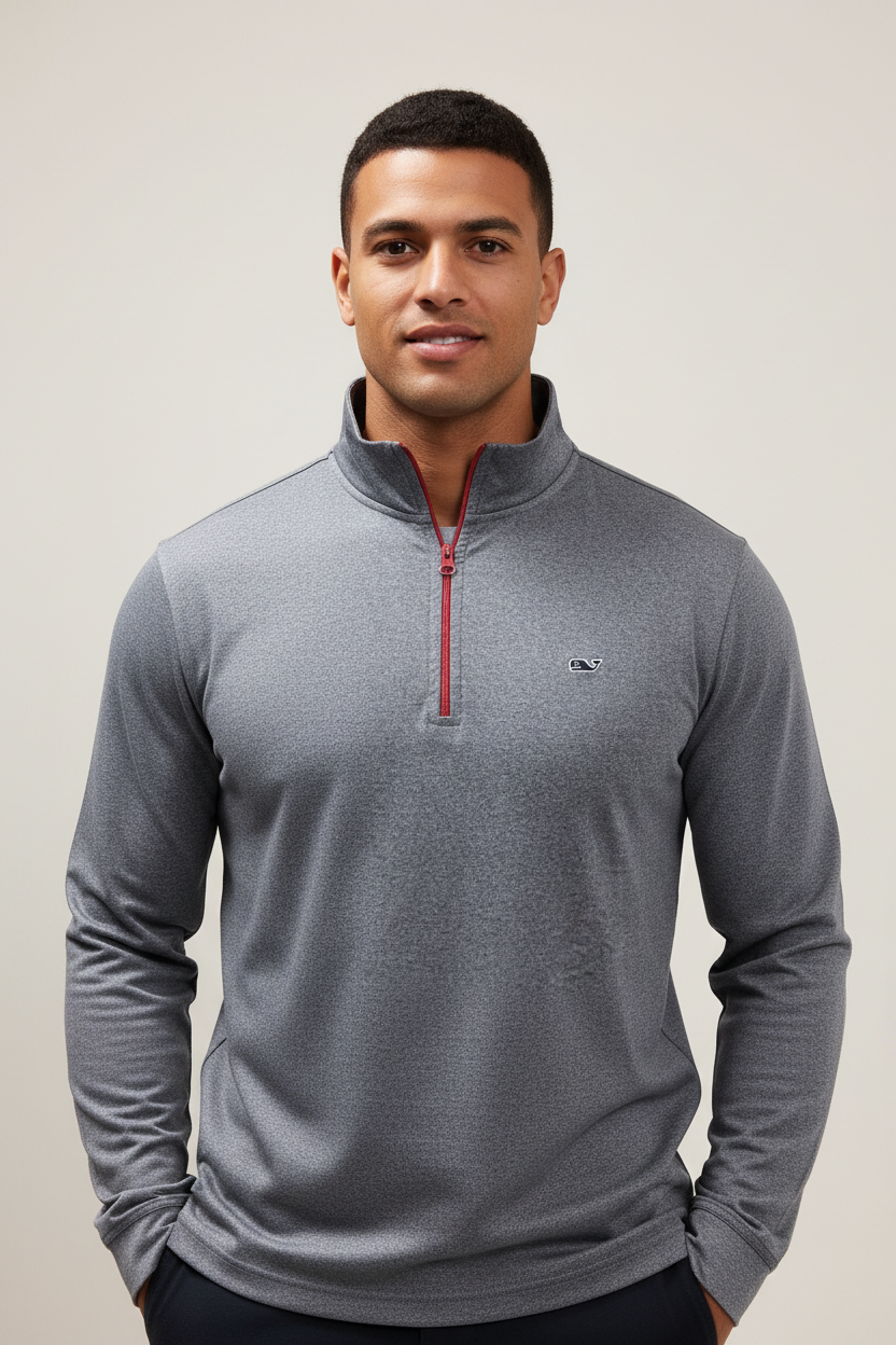 Sueter Jersey Vineyard Vines 🐳 Performance color gris con zipper rojo Talla S