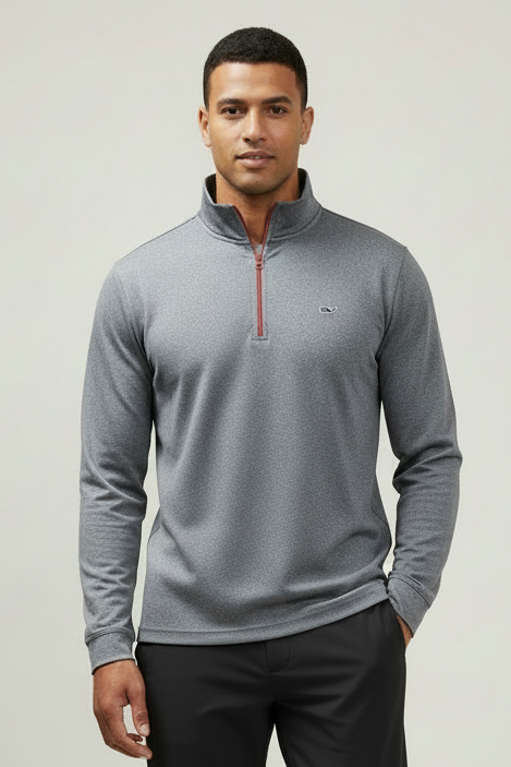 Sueter Jersey Vineyard Vines 🐳 Performance color gris con zipper rojo Talla S