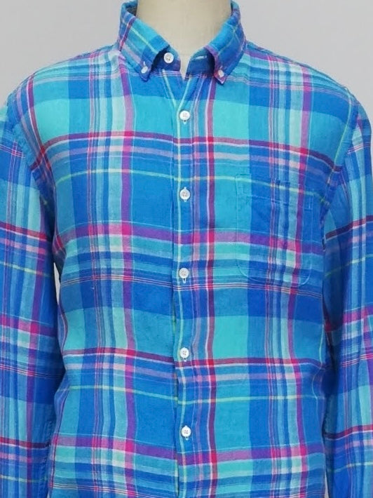 Camisa de botones Vineyard Vines 🐳 De Lino color turquesa con patrón de cuadros en azul y rosado Talla L Entalle Slim Fit