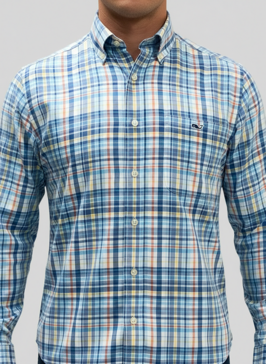 Camisa de botones Vineyard Vines 🐳 color blanco de cuadros en color naranja, azul, celeste y amarillo Talla S Entalle Slim Fit