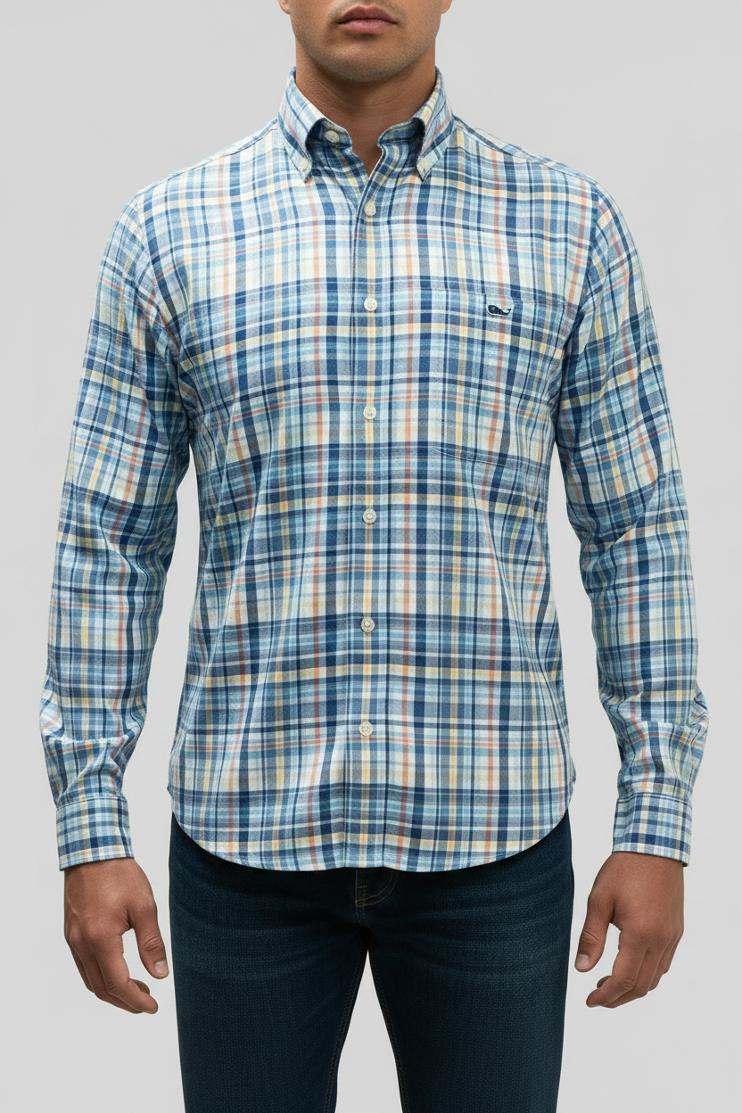 Camisa de botones Vineyard Vines 🐳 color blanco de cuadros en color naranja, azul, celeste y amarillo Talla S Entalle Slim Fit