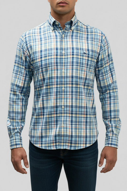 Camisa de botones Vineyard Vines 🐳 color blanco de cuadros en color naranja, azul, celeste y amarillo Talla S Entalle Slim Fit