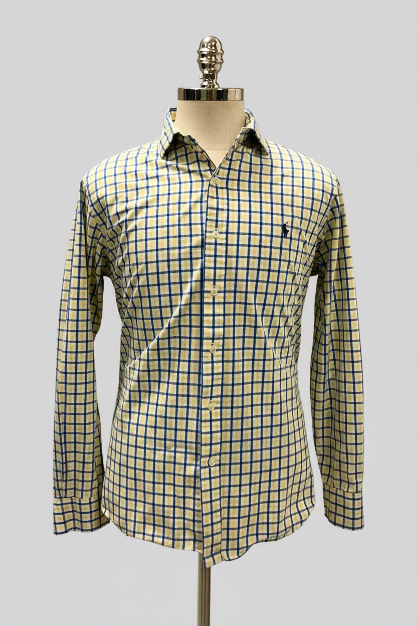 Camisa Polo Ralph Lauren 🏇🏼 color blanco de cuadros en amarillo y azul Talla L Entalle Clásico