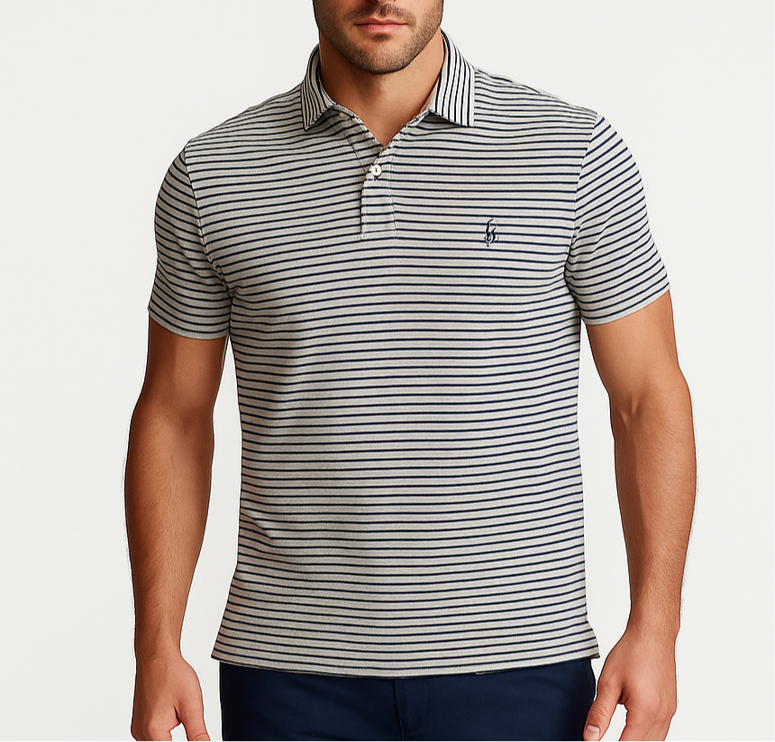 Camiseta Polo Ralph Lauren 🏇🏼 color gris con patrón de rayas color azul navy Talla L Entalle Regular