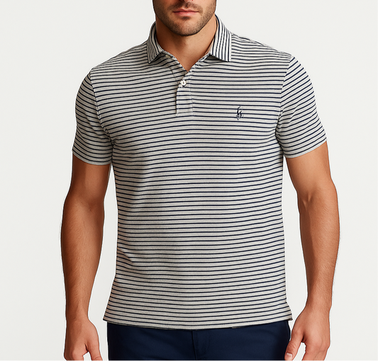 Camiseta Polo Ralph Lauren 🏇🏼 color gris con patrón de rayas color azul navy Talla L Entalle Regular