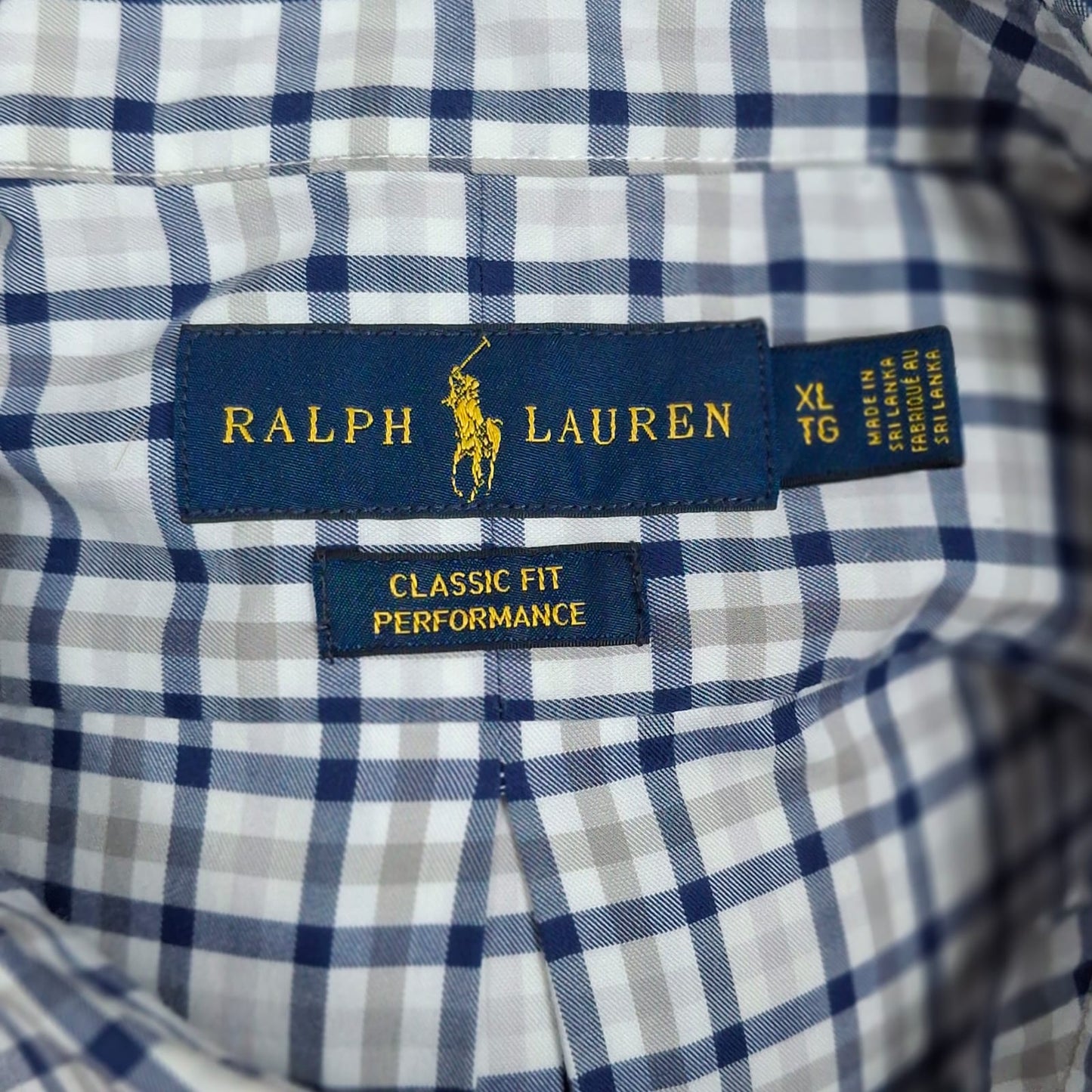 Camisa Polo Ralph Lauren 🏇🏼 color blanco con patrón de cuadros azul y gris Talla XL Entalle Clásico