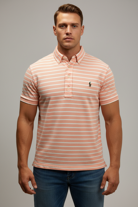 Camiseta Polo Ralph Lauren 🏇🏼 (Knit Oxford) color blanco con patrón del rayas en naranja claro Talla L Entalle Regular