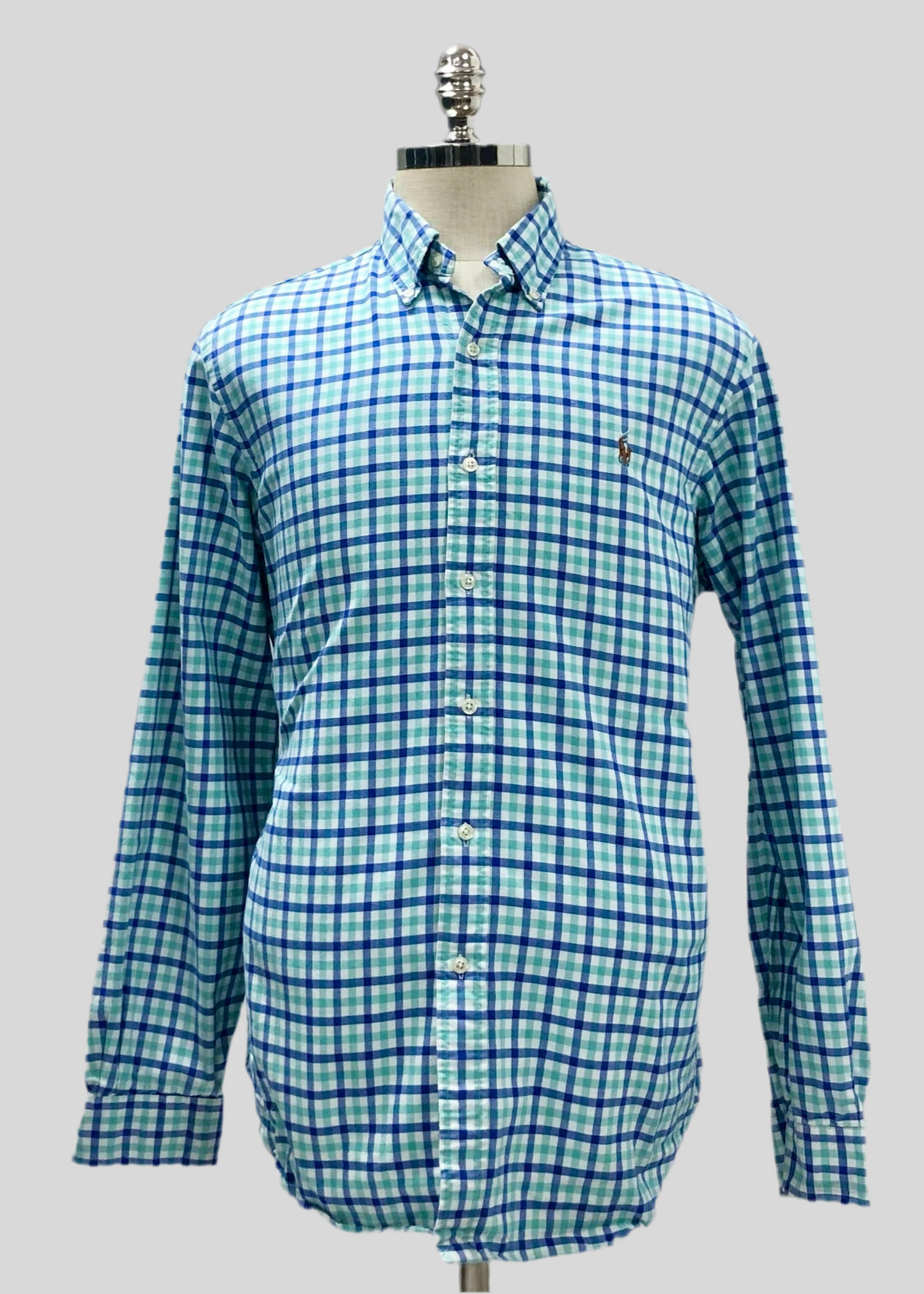 Camisa Polo Ralph Lauren 🏇🏼 con patron de cuadros gingham turquesa, azul y blanco Talla L Entalle Regular