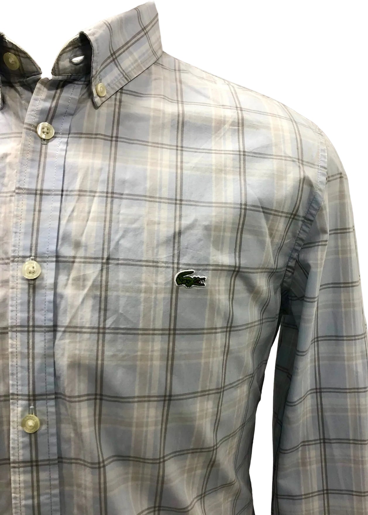 Camisa de botones Lacoste 🐊 de cuadros en celeste, gris y blanco Talla M Entalle Slim Fit (ver descripción)