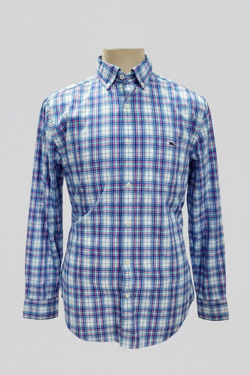 Camisa de botones Vineyard Vines 🐳 color blanco de cuadros en rosado, azul y turquesa Talla M Entalle Clásico