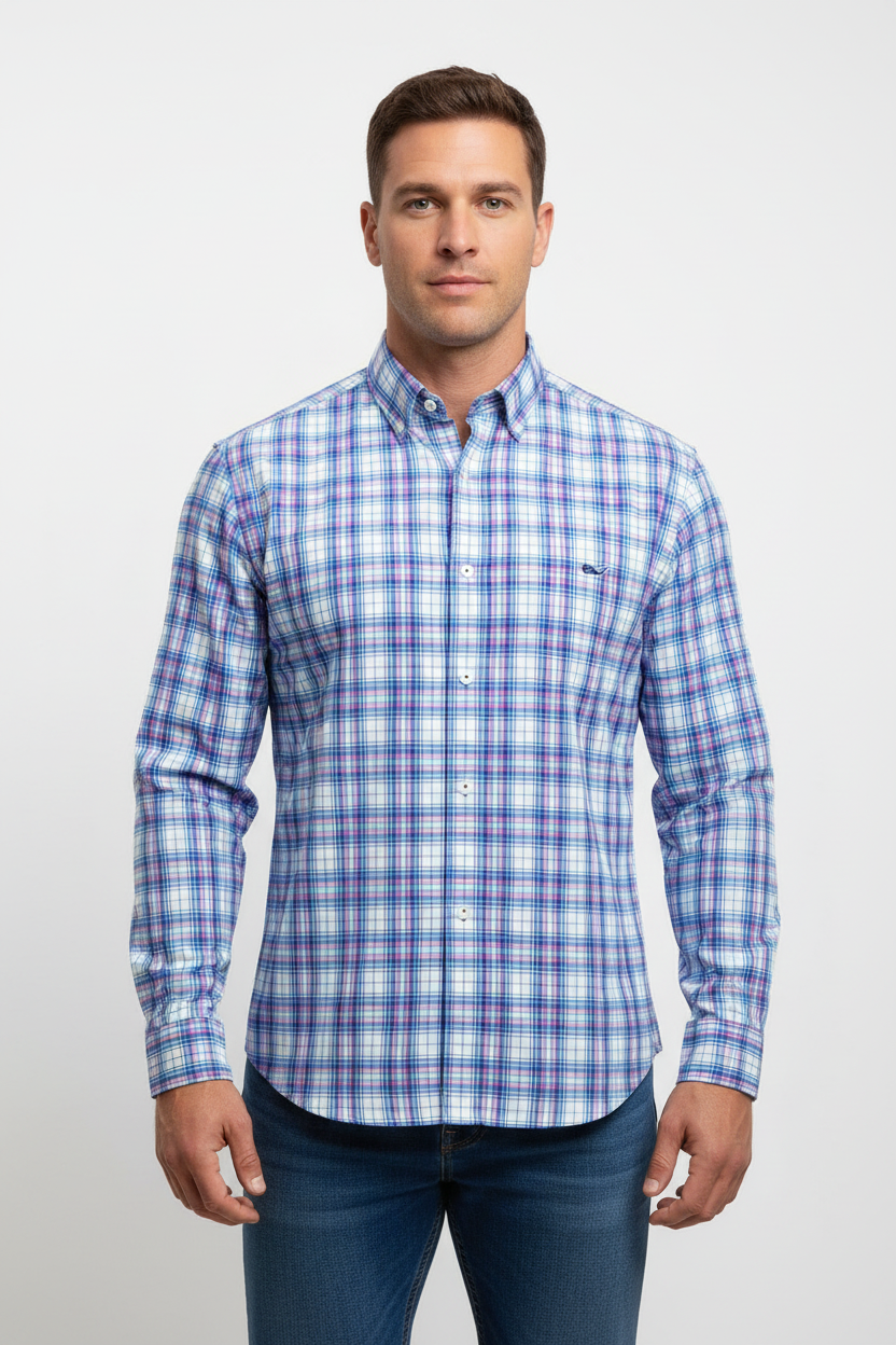 Camisa de botones Vineyard Vines 🐳 color blanco de cuadros en rosado, azul y turquesa Talla M Entalle Clásico