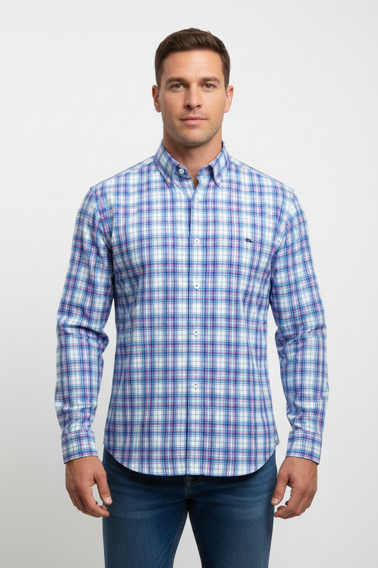 Camisa de botones Vineyard Vines 🐳 color blanco de cuadros en rosado, azul y turquesa Talla M Entalle Clásico