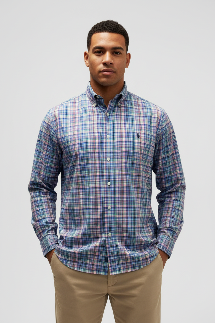 Camisa de botones Polo Ralph Lauren 🏇🏼 de cuadros azul, rosado y blanco Talla L Entalle Regular