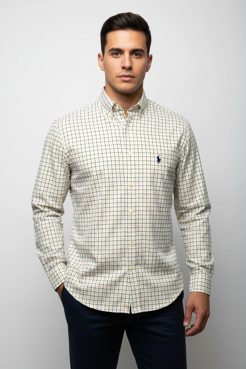 Camisa Polo Ralph Lauren 🏇🏼 color blanco de cuadros en amarillo y azul Talla L Entalle Custom Fit