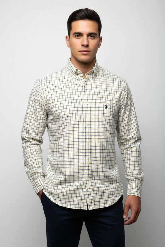 Camisa Polo Ralph Lauren 🏇🏼 color blanco de cuadros en amarillo y azul Talla L Entalle Custom Fit