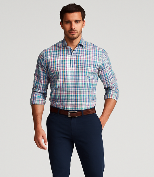 Camisa Polo Ralph Lauren 🏇🏼 con patron de cuadros tartan multicolor Talla XL Entalle Slim Fit
