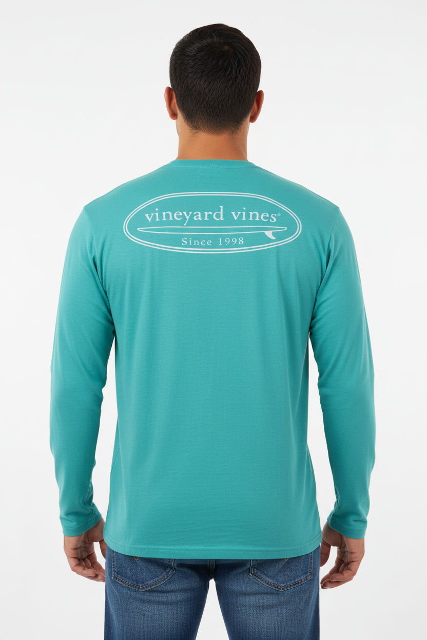 Camiseta cuello redondo Vineyard Vines 🐳 color turquesa con Diseño de Tabla de surf Talla L