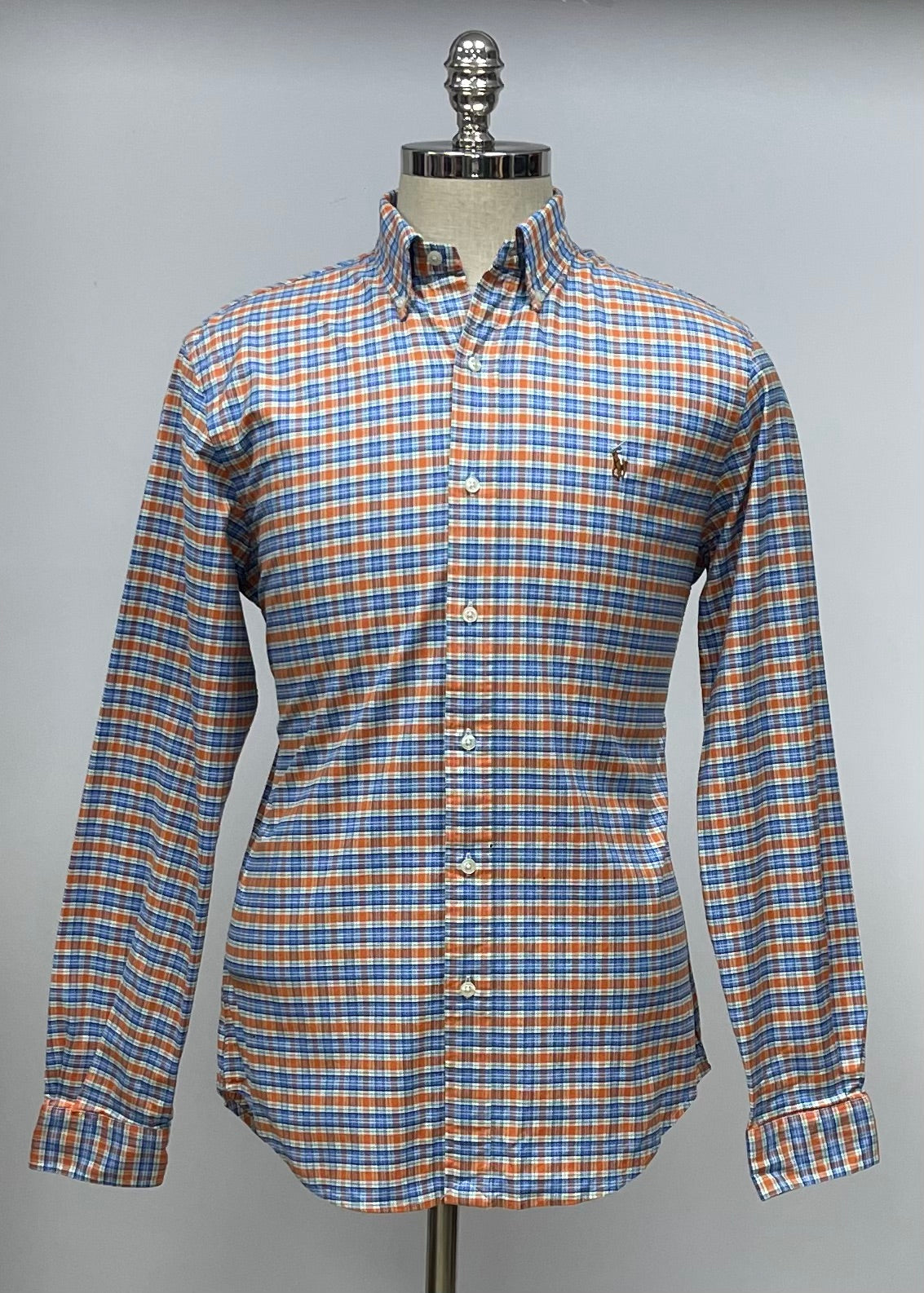 Camisa Polo Ralph Lauren 🏇🏼 Oxford con patron de cuadros tartán en color naranja, azul y blanco Talla M Entalle Slim Fit