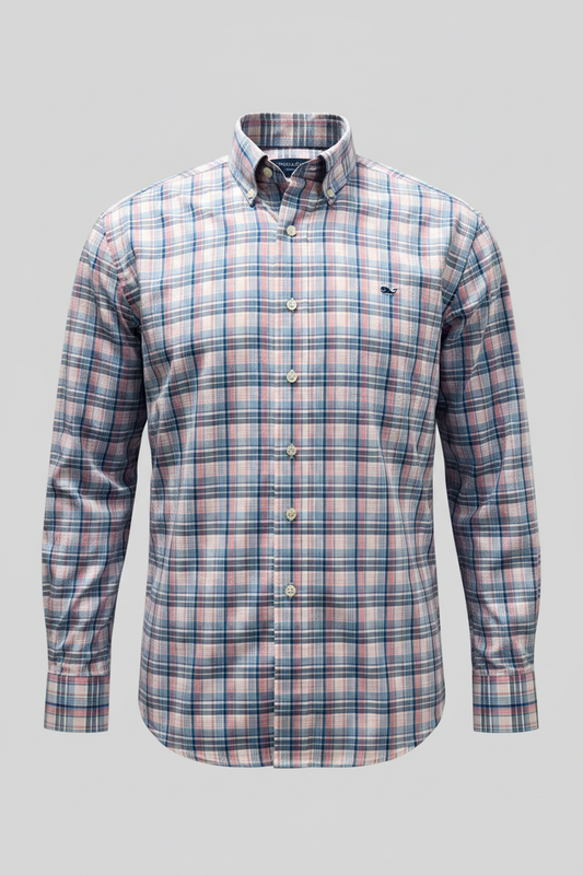Camisa de botones Vineyard Vines 🐳 Color blanco de cuadros en color rosado y azul Talla M Entalle Regular