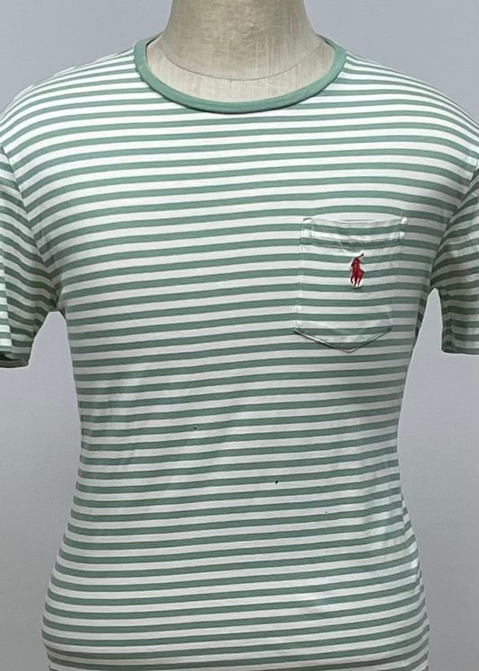 Camiseta cuello redondo Polo Ralph Lauren 🏇🏼 con patron de rayas en color verde claro y blanco Talla M Entalle Regular