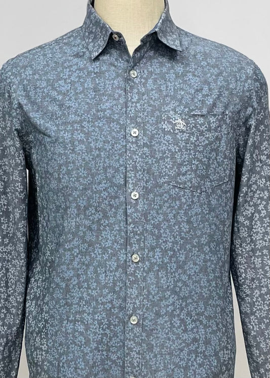 Camisa Original Penguin 🐧 color gris con patron de flores en color celeste Talla M Entalle Slim Fit