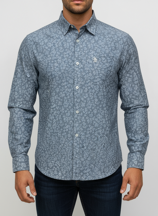 Camisa Original Penguin 🐧 color gris con patron de flores en color celeste Talla M Entalle Slim Fit