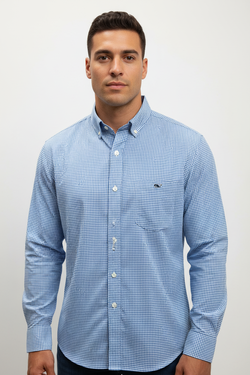 Camisa Vineyard Vines 🐳 Performance de cuadros gingham en color azul y blanco Talla M Entalle Clásico