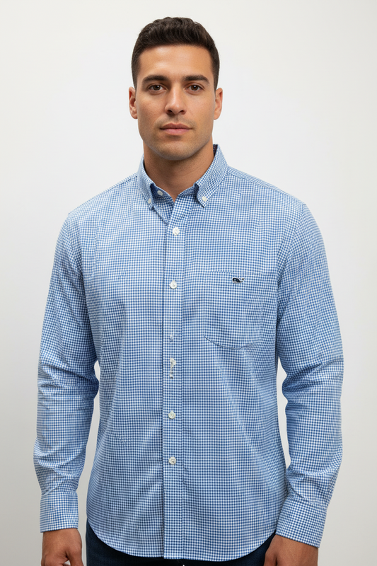 Camisa Vineyard Vines 🐳 Performance de cuadros gingham en color azul y blanco Talla M Entalle Clásico