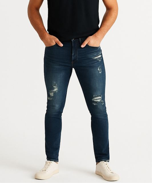 Pantalon jeans American Eagle 🦅  color azul oscuro y diseño descosido Talla 33x32 Corte Skinny