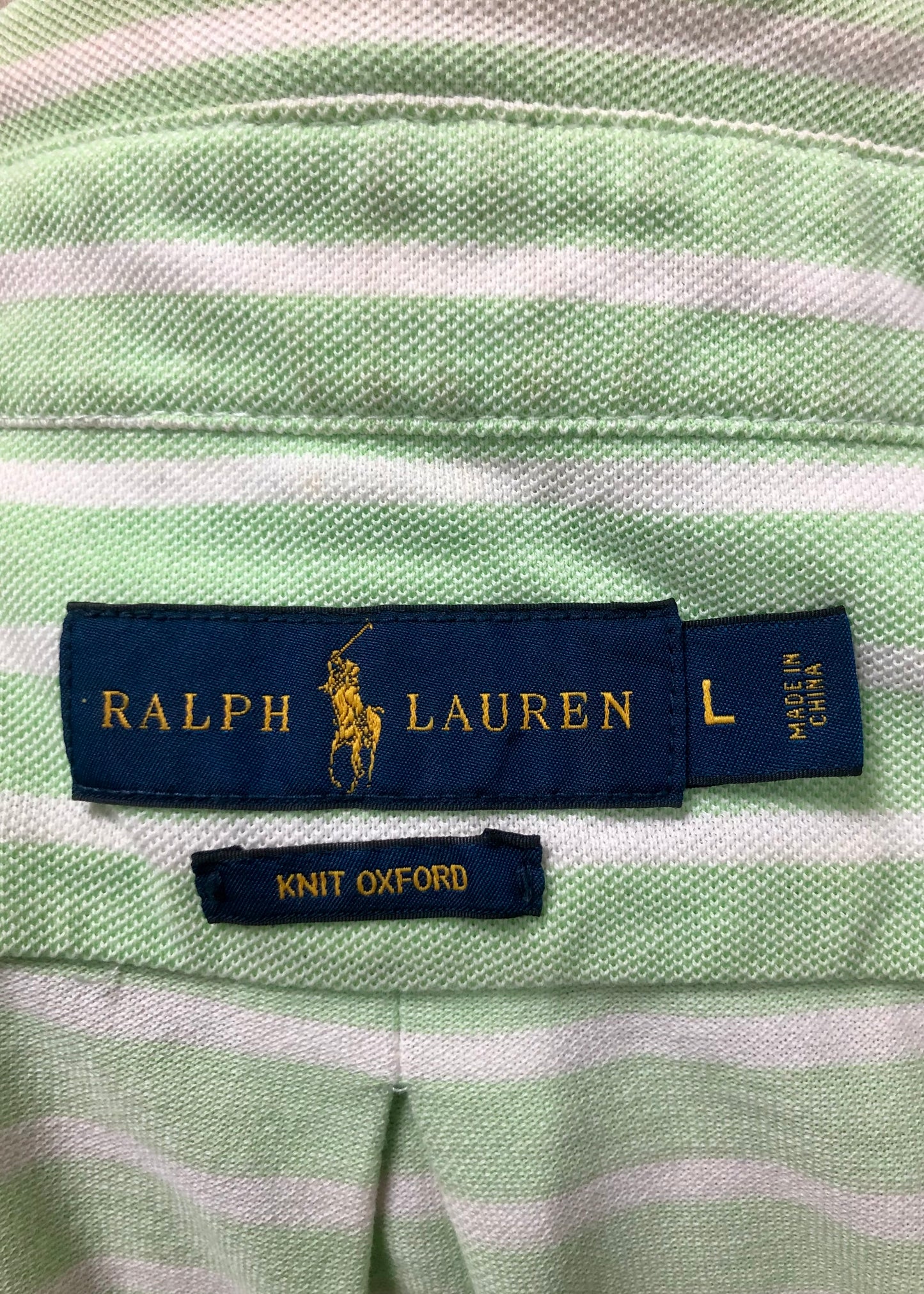 Camiseta Polo Ralph Lauren 🏇🏼 (Knit Oxford) color blanco con patrón de rayas en verde claro Talla L Entalle Regular