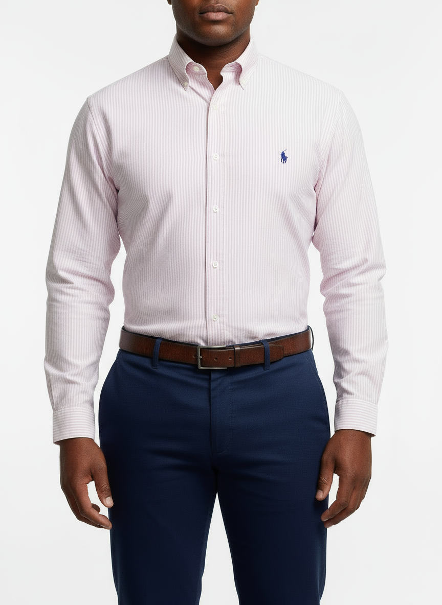 Camisa Polo Ralph Lauren 🏇🏼 de rayas en color rosado claro y blanco Talla XL Entalle Clásico